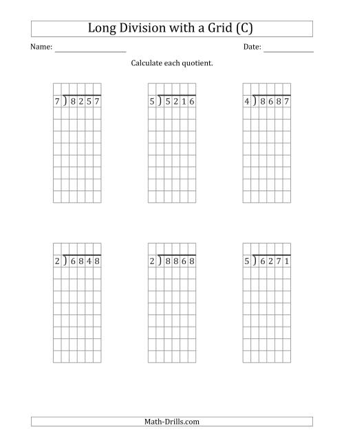 The 4-Digit by 1-Digit Long Division with Remainders with Grid Assistance (C) Math Worksheet