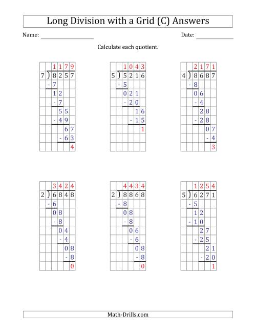 The 4-Digit by 1-Digit Long Division with Remainders with Grid Assistance (C) Math Worksheet Page 2