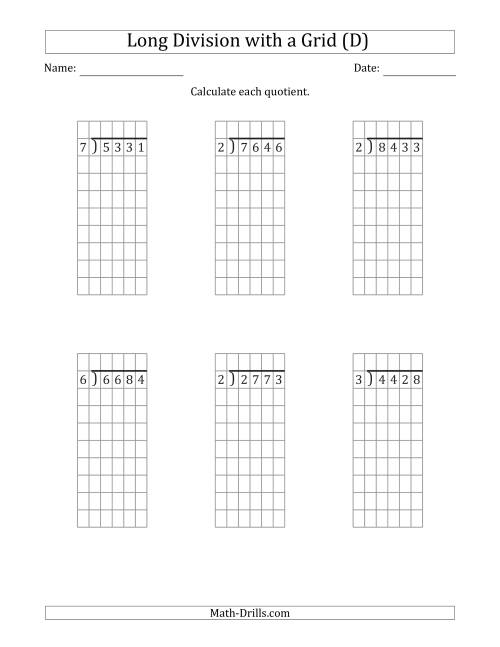 The 4-Digit by 1-Digit Long Division with Remainders with Grid Assistance (D) Math Worksheet