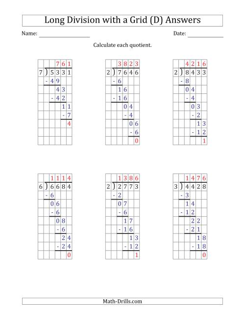 The 4-Digit by 1-Digit Long Division with Remainders with Grid Assistance (D) Math Worksheet Page 2
