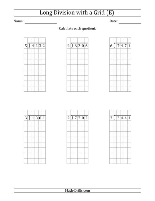 The 4-Digit by 1-Digit Long Division with Remainders with Grid Assistance (E) Math Worksheet