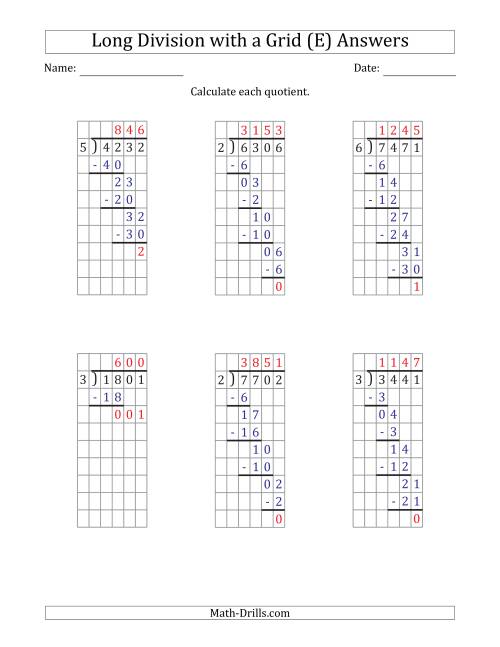 The 4-Digit by 1-Digit Long Division with Remainders with Grid Assistance (E) Math Worksheet Page 2