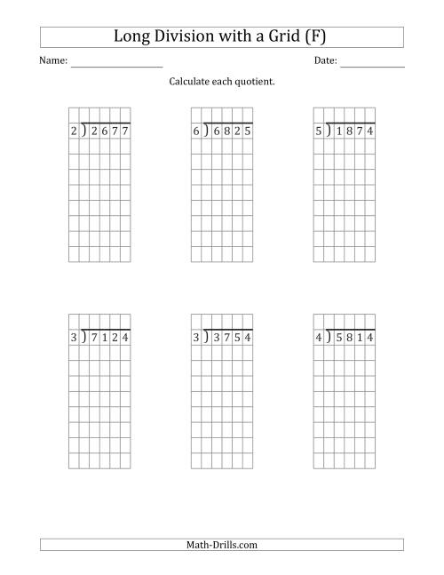 The 4-Digit by 1-Digit Long Division with Remainders with Grid Assistance (F) Math Worksheet