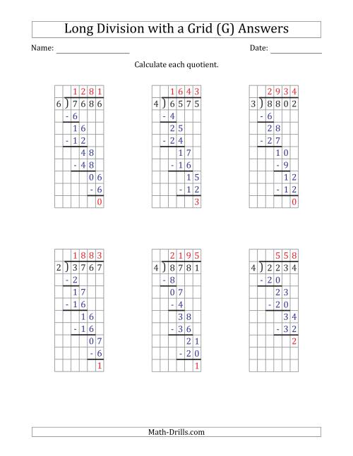 The 4-Digit by 1-Digit Long Division with Remainders with Grid Assistance (G) Math Worksheet Page 2