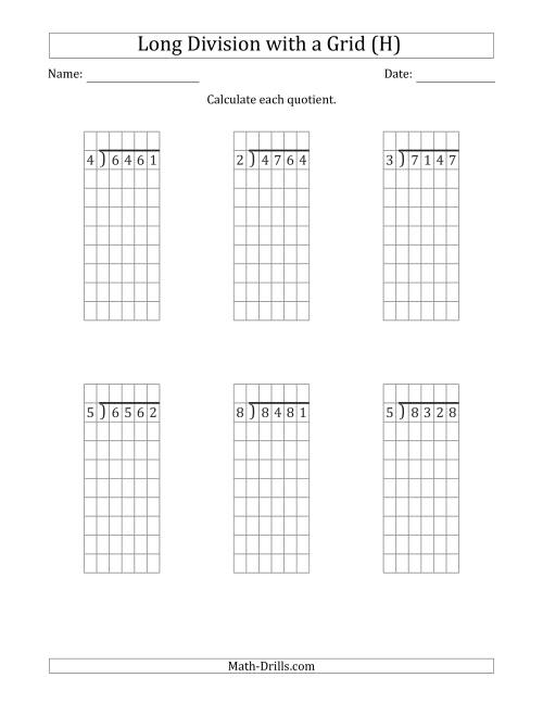 The 4-Digit by 1-Digit Long Division with Remainders with Grid Assistance (H) Math Worksheet