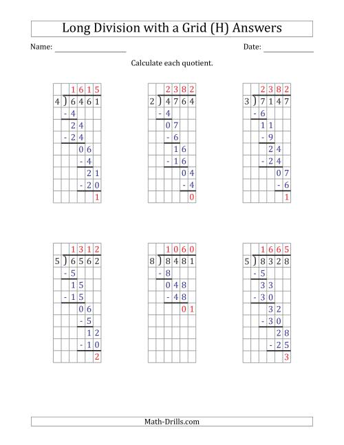 The 4-Digit by 1-Digit Long Division with Remainders with Grid Assistance (H) Math Worksheet Page 2