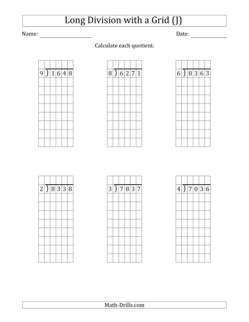 The 4-Digit by 1-Digit Long Division with Remainders with Grid Assistance (J) Math Worksheet