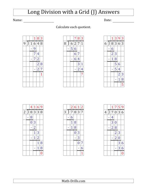 The 4-Digit by 1-Digit Long Division with Remainders with Grid Assistance (J) Math Worksheet Page 2