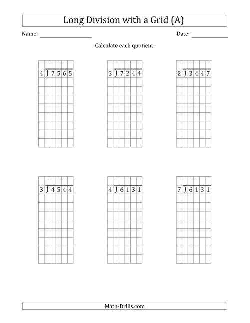 The 4-Digit by 1-Digit Long Division with Remainders with Grid Assistance (All) Math Worksheet