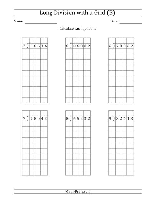 The 5-Digit by 1-Digit Long Division with Grid Assistance and NO Remainders (B) Math Worksheet