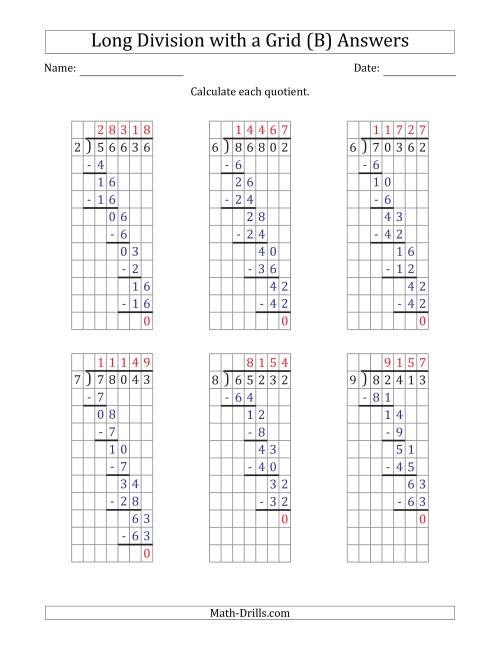 The 5-Digit by 1-Digit Long Division with Grid Assistance and NO Remainders (B) Math Worksheet Page 2