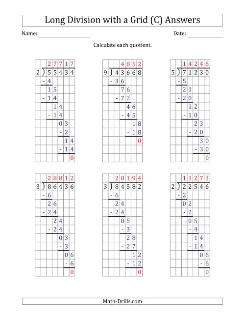 The 5-Digit by 1-Digit Long Division with Grid Assistance and NO Remainders (C) Math Worksheet Page 2