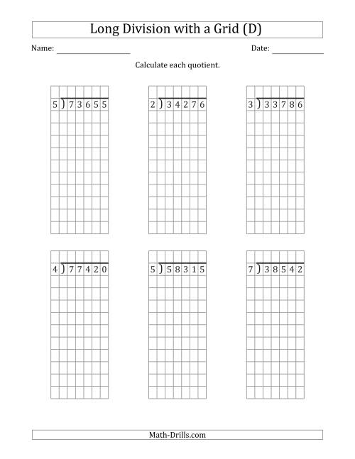 The 5-Digit by 1-Digit Long Division with Grid Assistance and NO Remainders (D) Math Worksheet