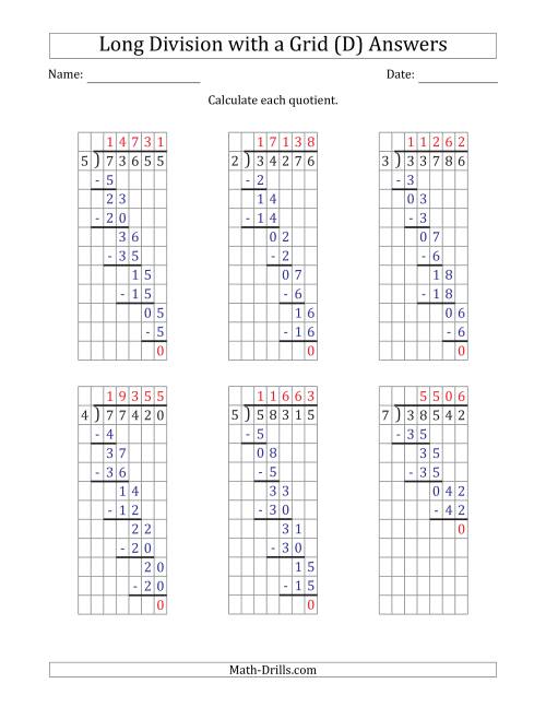 The 5-Digit by 1-Digit Long Division with Grid Assistance and NO Remainders (D) Math Worksheet Page 2