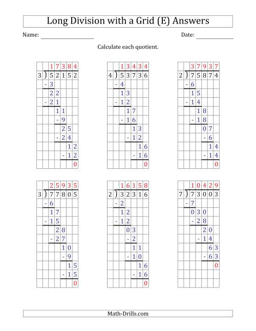 The 5-Digit by 1-Digit Long Division with Grid Assistance and NO Remainders (E) Math Worksheet Page 2