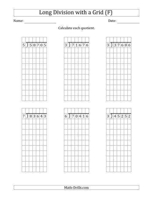 The 5-Digit by 1-Digit Long Division with Grid Assistance and NO Remainders (F) Math Worksheet