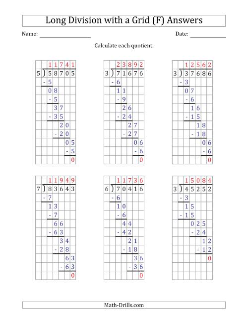 The 5-Digit by 1-Digit Long Division with Grid Assistance and NO Remainders (F) Math Worksheet Page 2
