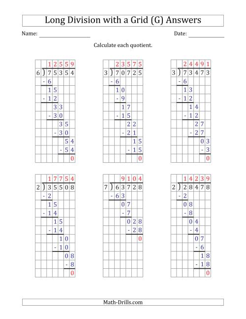 The 5-Digit by 1-Digit Long Division with Grid Assistance and NO Remainders (G) Math Worksheet Page 2