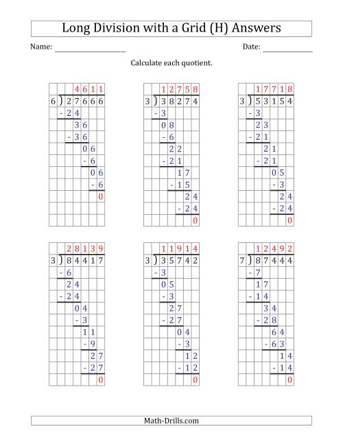 The 5-Digit by 1-Digit Long Division with Grid Assistance and NO Remainders (H) Math Worksheet Page 2