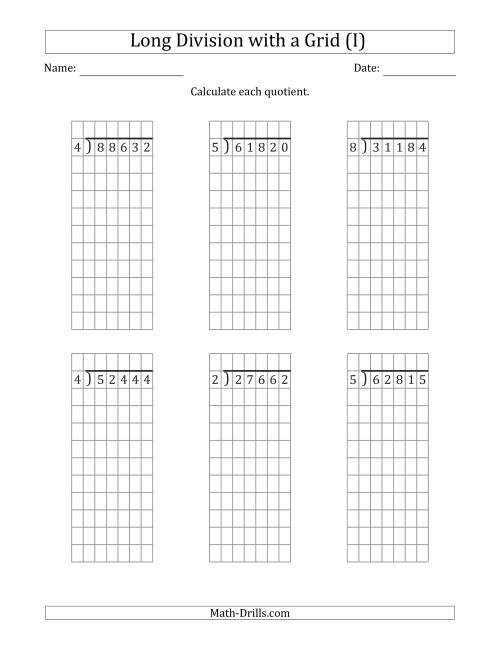 The 5-Digit by 1-Digit Long Division with Grid Assistance and NO Remainders (I) Math Worksheet