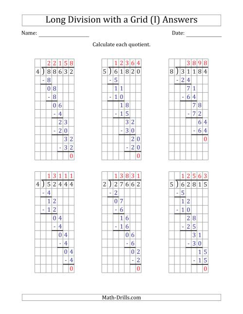 The 5-Digit by 1-Digit Long Division with Grid Assistance and NO Remainders (I) Math Worksheet Page 2