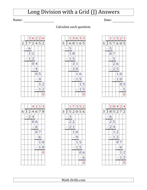 The 5-Digit by 1-Digit Long Division with Grid Assistance and NO Remainders (J) Math Worksheet Page 2