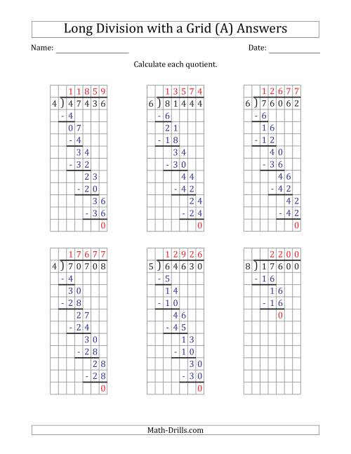 The 5-Digit by 1-Digit Long Division with Grid Assistance and NO Remainders (All) Math Worksheet Page 2