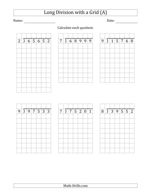 The 5-Digit by 1-Digit Long Division with Grid Assistance and NO Remainders (Old) Math Worksheet