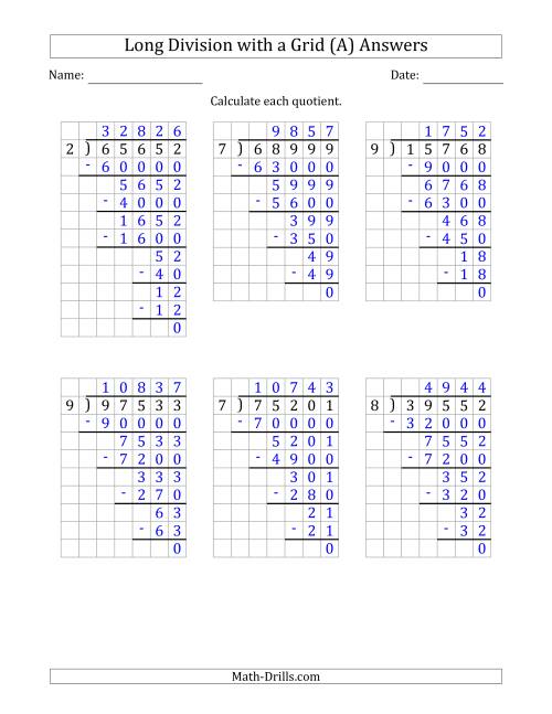 The 5-Digit by 1-Digit Long Division with Grid Assistance and NO Remainders (Old) Math Worksheet Page 2
