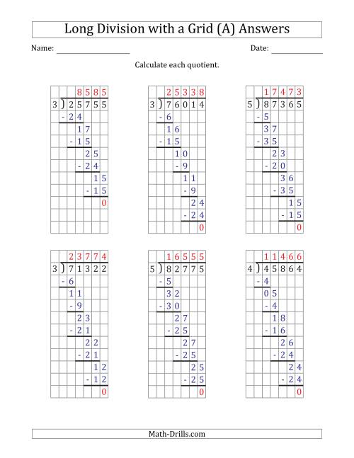 The 5-Digit by 1-Digit Long Division with Grid Assistance and Prompts and NO Remainders (A) Math Worksheet Page 2