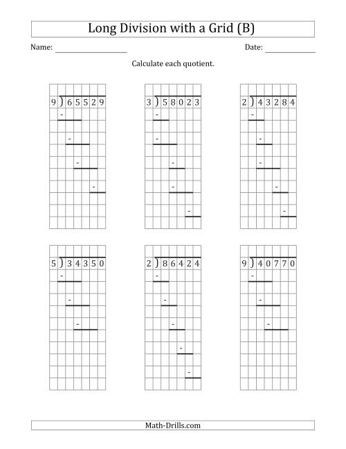 The 5-Digit by 1-Digit Long Division with Grid Assistance and Prompts and NO Remainders (B) Math Worksheet