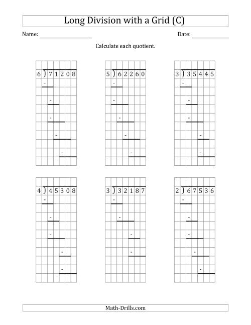 The 5-Digit by 1-Digit Long Division with Grid Assistance and Prompts and NO Remainders (C) Math Worksheet