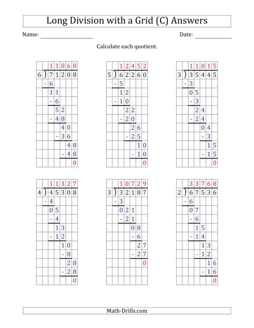 The 5-Digit by 1-Digit Long Division with Grid Assistance and Prompts and NO Remainders (C) Math Worksheet Page 2