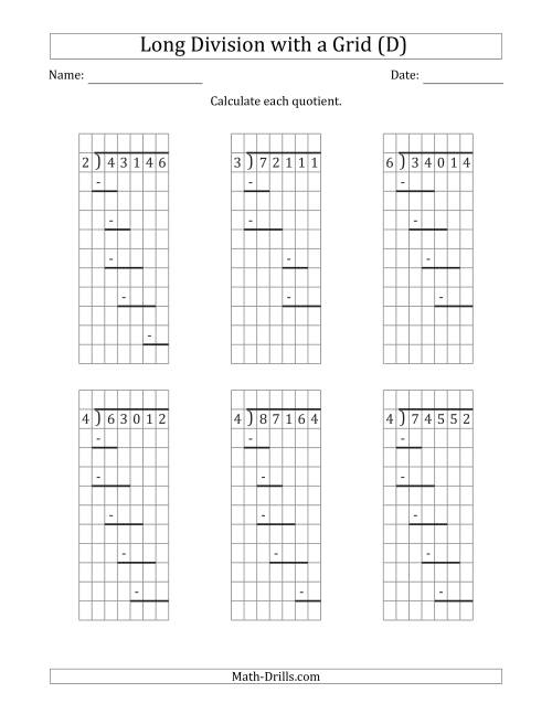 The 5-Digit by 1-Digit Long Division with Grid Assistance and Prompts and NO Remainders (D) Math Worksheet