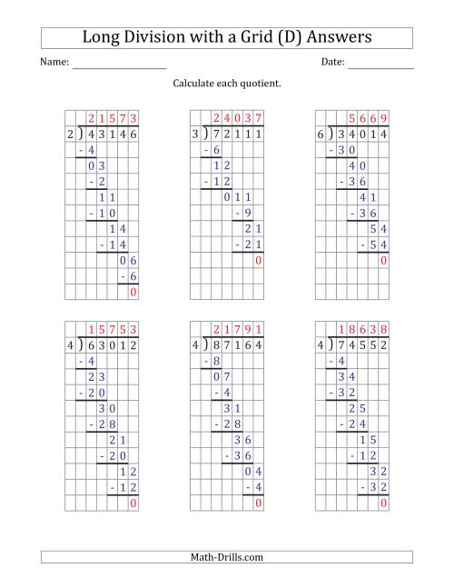 The 5-Digit by 1-Digit Long Division with Grid Assistance and Prompts and NO Remainders (D) Math Worksheet Page 2