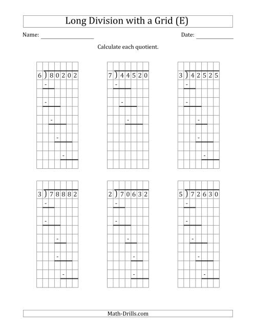 The 5-Digit by 1-Digit Long Division with Grid Assistance and Prompts and NO Remainders (E) Math Worksheet