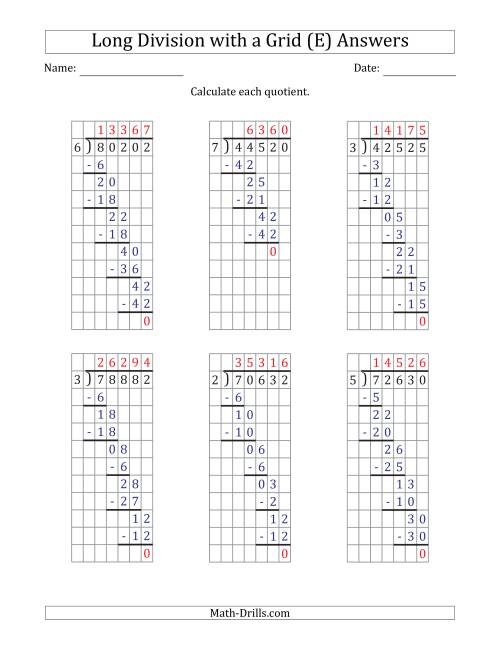 The 5-Digit by 1-Digit Long Division with Grid Assistance and Prompts and NO Remainders (E) Math Worksheet Page 2