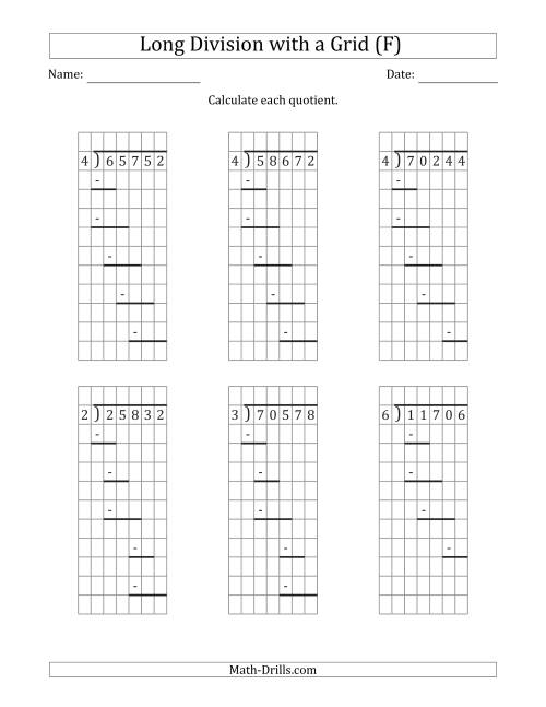 The 5-Digit by 1-Digit Long Division with Grid Assistance and Prompts and NO Remainders (F) Math Worksheet