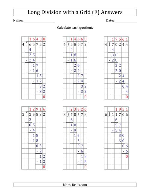 The 5-Digit by 1-Digit Long Division with Grid Assistance and Prompts and NO Remainders (F) Math Worksheet Page 2