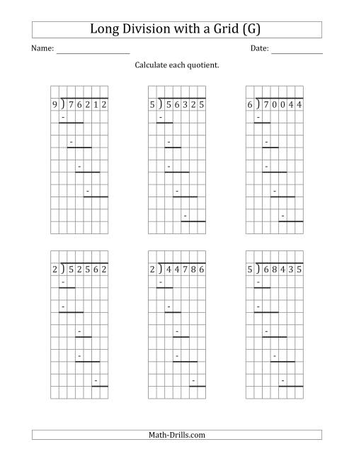 The 5-Digit by 1-Digit Long Division with Grid Assistance and Prompts and NO Remainders (G) Math Worksheet