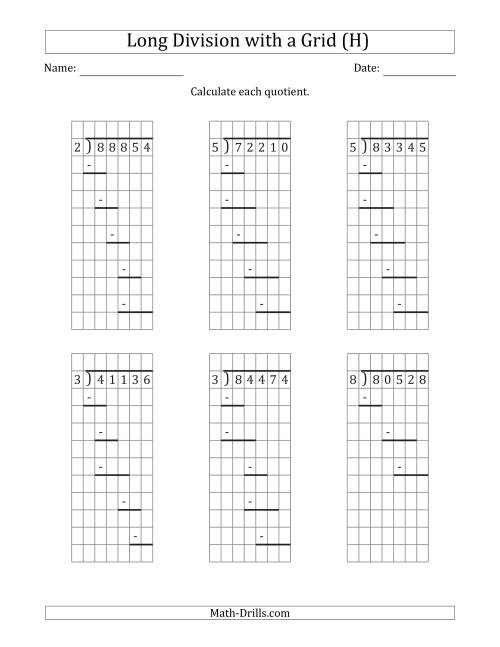 The 5-Digit by 1-Digit Long Division with Grid Assistance and Prompts and NO Remainders (H) Math Worksheet
