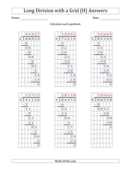 The 5-Digit by 1-Digit Long Division with Grid Assistance and Prompts and NO Remainders (H) Math Worksheet Page 2