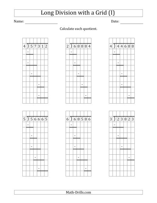 The 5-Digit by 1-Digit Long Division with Grid Assistance and Prompts and NO Remainders (I) Math Worksheet
