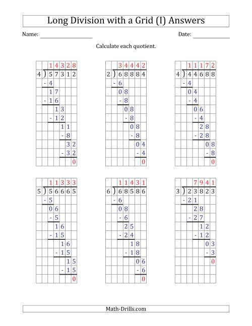 The 5-Digit by 1-Digit Long Division with Grid Assistance and Prompts and NO Remainders (I) Math Worksheet Page 2