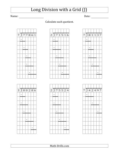 The 5-Digit by 1-Digit Long Division with Grid Assistance and Prompts and NO Remainders (J) Math Worksheet
