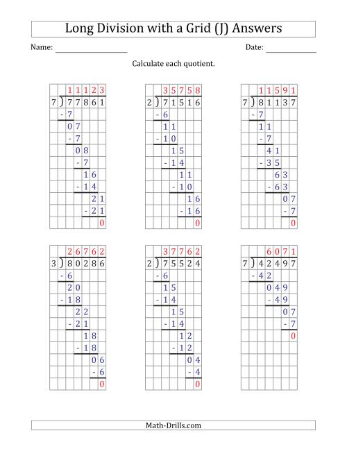 The 5-Digit by 1-Digit Long Division with Grid Assistance and Prompts and NO Remainders (J) Math Worksheet Page 2
