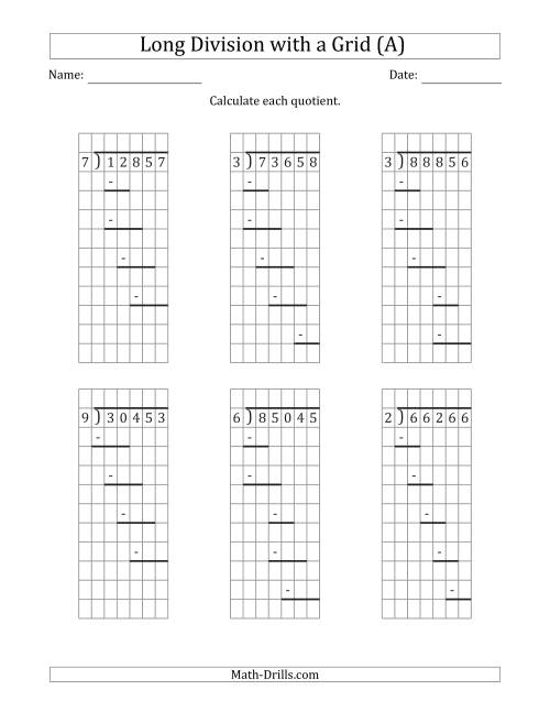 The 5-Digit by 1-Digit Long Division with Remainders with Grid Assistance and Prompts (A) Math Worksheet