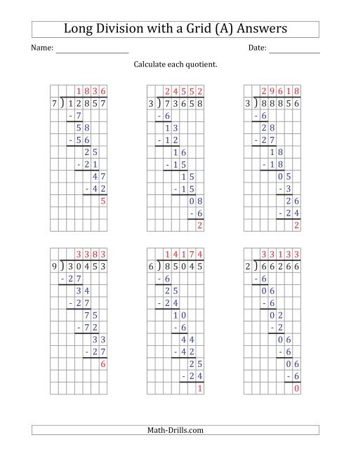 The 5-Digit by 1-Digit Long Division with Remainders with Grid Assistance and Prompts (A) Math Worksheet Page 2