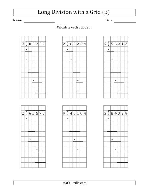 The 5-Digit by 1-Digit Long Division with Remainders with Grid Assistance and Prompts (B) Math Worksheet