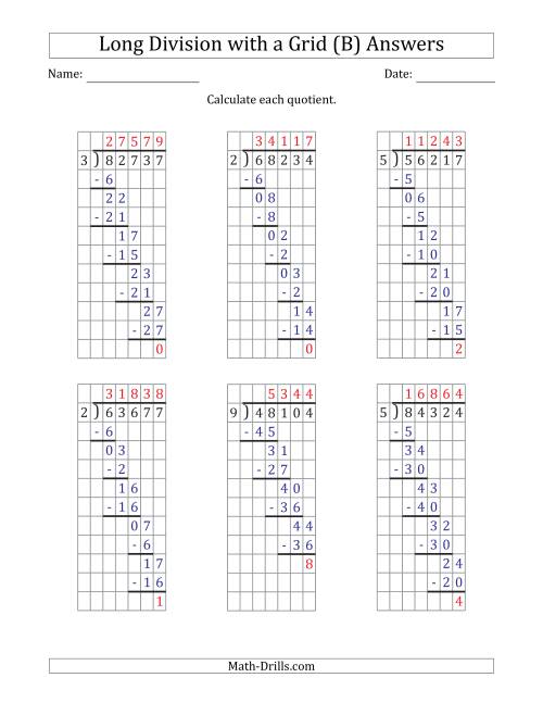The 5-Digit by 1-Digit Long Division with Remainders with Grid Assistance and Prompts (B) Math Worksheet Page 2